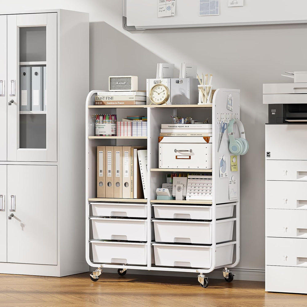6-Drawer Rolling Storage Cabinet with Wooden Top & Pegboards，Utility Craf...