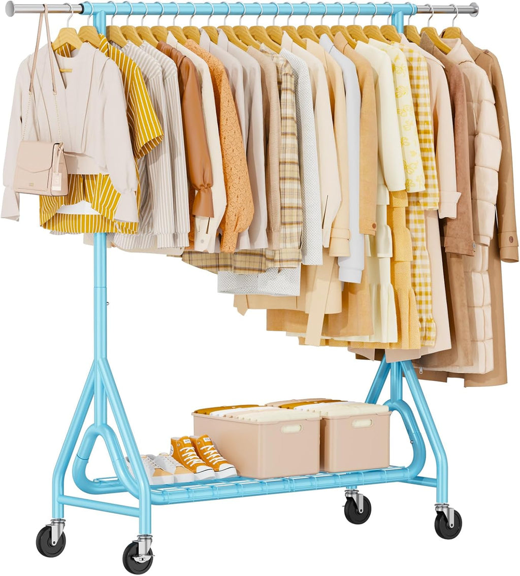 Heavy Duty Clothing Rack, Metal Clothes Rack Load 450 LBS, Rolling Coat Racks for Hanging Clothes with Lockable Wheels, Wardrobe Closet Garment Racks for Bedroom, Sky Blue