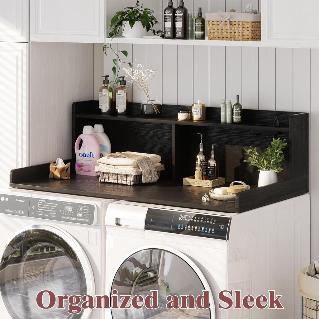 Aheaplus Washer and Dryer Countertop, 2-Tier Laundry Countertop Cover with LED Lights and Power Strip, Large Space Laundry Topper with Shelf for Laundry Room Organization, Black