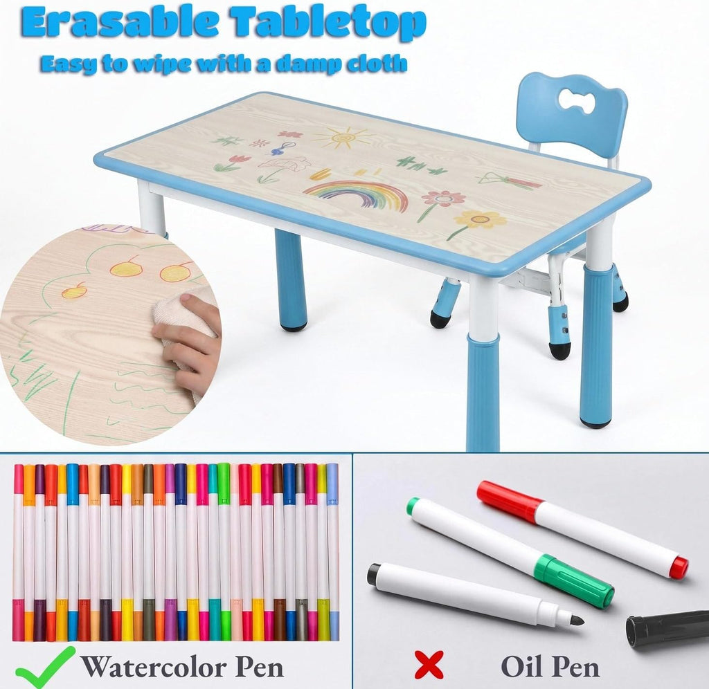 Arlopu Kids Table and 4 Chairs, Height Adjustable Toddler Desk & Chair Set, Anti-Slip Legs, Graffiti Desktop, Children Large Multi-Activity Table with 47.2" x 23.6", Classroom, Homes, Daycares (Blue)