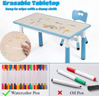 Arlopu Kids Table and 4 Chairs, Height Adjustable Toddler Desk & Chair Set, Anti-Slip Legs, Graffiti Desktop, Children Large Multi-Activity Table with 47.2" x 23.6", Classroom, Homes, Daycares (Blue)
