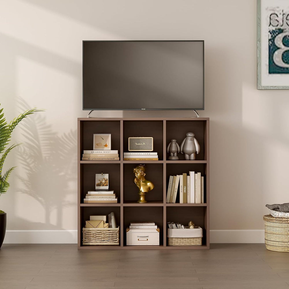 9-Cube Storage Shelf Bookcase - Wooden 3-Tier Floor Standing Open Bookshelf f...