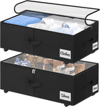 2 Pack Under Bed Storage with Wheels 10" Height, Rolling Storage Bins XXL 60L, Underbed Shoe Storage Containers with Label & Clear Lid, Dorm Under bed Drawers for Clothes, Shoes, Quick Assembly, Black