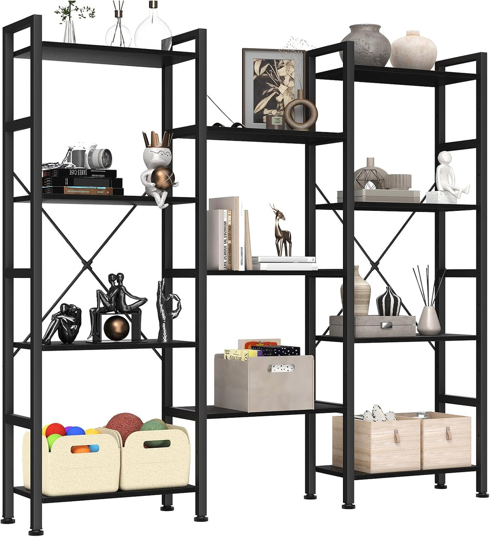 DUMOS Triple Column 4 Tier Bookshelf, Wide Industrial Bookcase, Black
