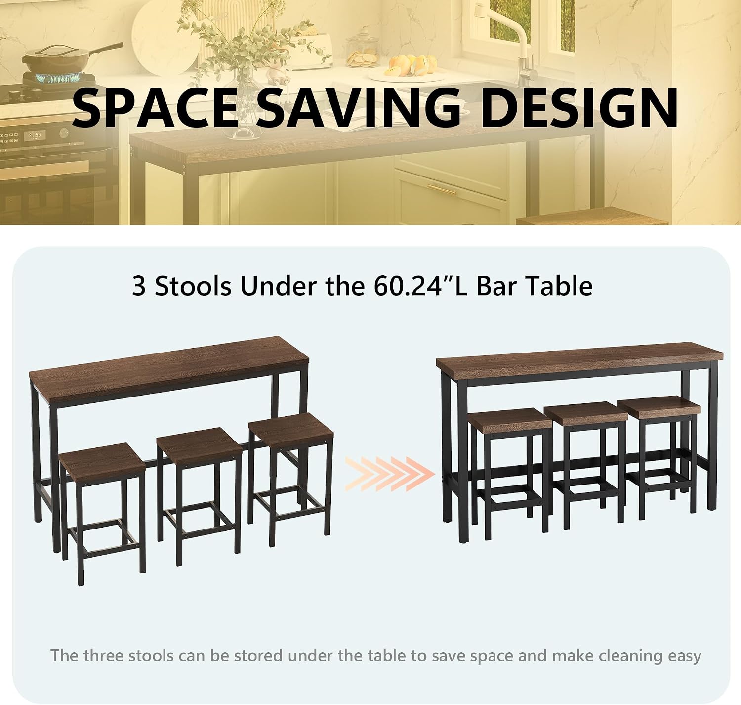 Merax Modern Design 4-Piece Counter Height Extra Long Dining Table Set with 3 Stools and Side Table with Footrest,Space-Saving Pub Kitchen Set,Easy Assembly,Dark Brown