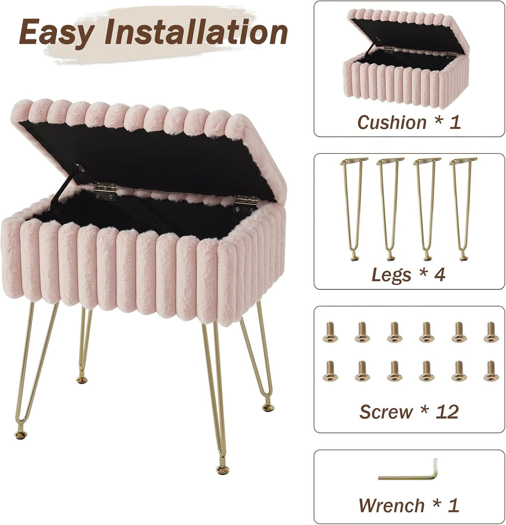 EBENCHICO Vanity Stool Chair with Storage, Faux Fur Stools for Vanity | Makeu...