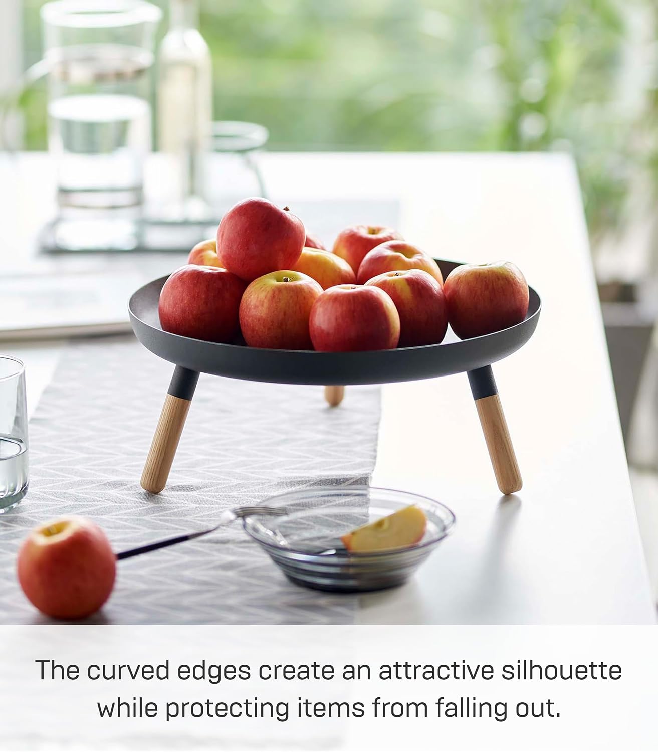 YAMAZAKI Home Plain Metal Pedestal Table Tray with Wooden Legs for Countertop Or Floor, Holds Fruit, Plants, Tea, Steel + Wood