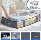Under Bed Storage Containers, 6 Pack Blanket Storage Bags, Collapsible Storage Bags with Big Zippers, Clear Front, Shoe Storage and Organization for Clothes, Comforter, 75L, Grey