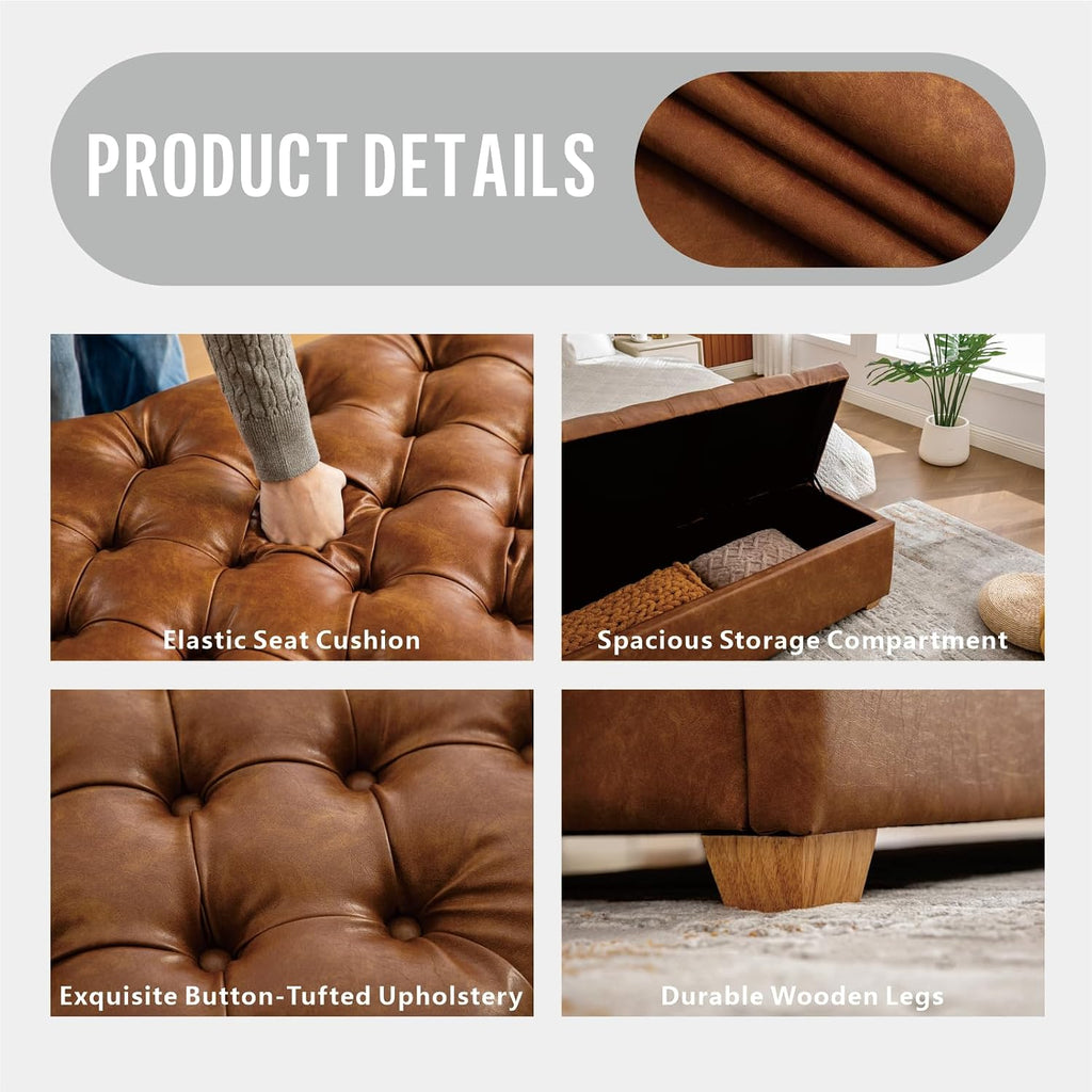 Chifee & Vingol 60" PU Ottoman with Storage Oversized End of Bed Storage Bench Upholstered Benches for Entryway, Living Room, Bedroom-Brown