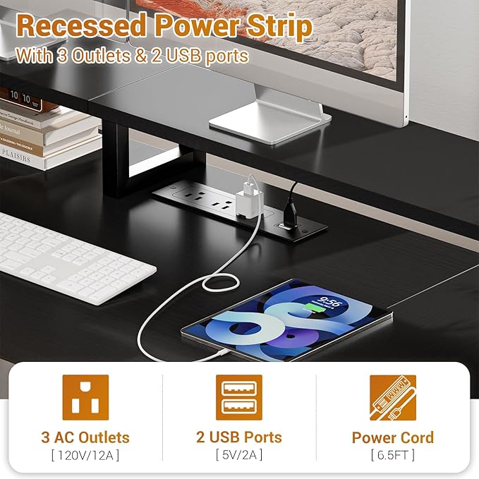 Aheaplus Computer Desk with 3 Drawers, Home Office Desk with File Drawer & Power Outlet, 59'' Gaming Desk with Led Lights, Long Work Desk with Storage Shelves, Printer Cabinet and Monitor Shelf, Black