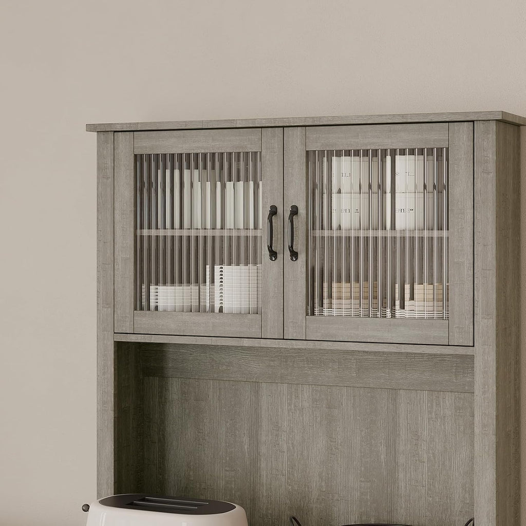 Farmhouse Pantry Cabinet, 71" Tall Kitchen Hutch Cabinets with Storage Drawer, Open Countertop, Glass Doors, Adjustable Shelves, Cable Hole for Dining Room, Living Room, Ash Grey