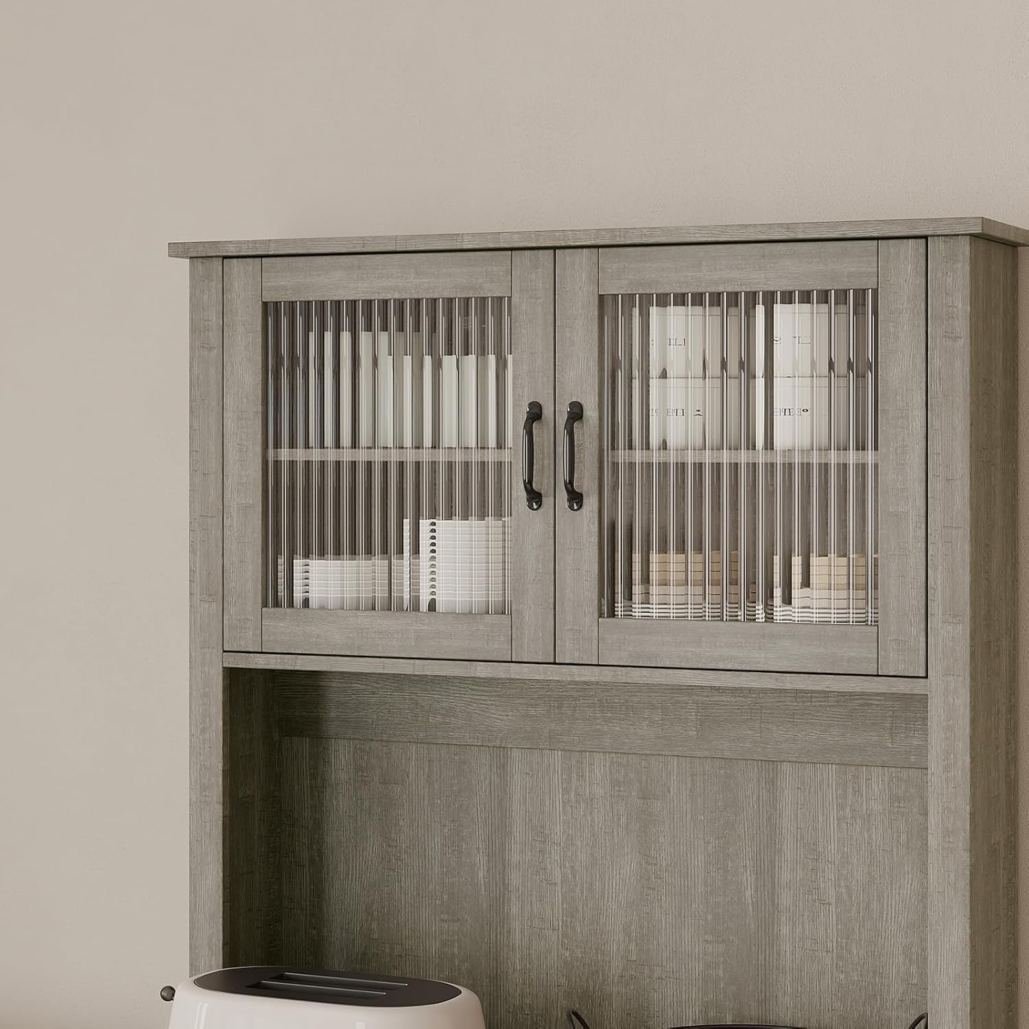 Farmhouse Pantry Cabinet, 71" Tall Kitchen Hutch Cabinets with Storage Drawer, Open Countertop, Glass Doors, Adjustable Shelves, Cable Hole for Dining Room, Living Room, Ash Grey