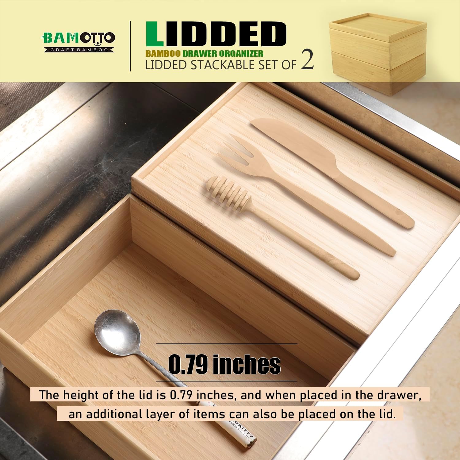 Stackable Bamboo Drawer Organizer Set – 2 Boxes with 1 Lid | Wood-Laminated Trays for Kitchen Utensils, Silverware & Flatware – Storage Fits Cabinets, Pantry, Bathroom & Office | 10.2"x7.3" (2-Pack)