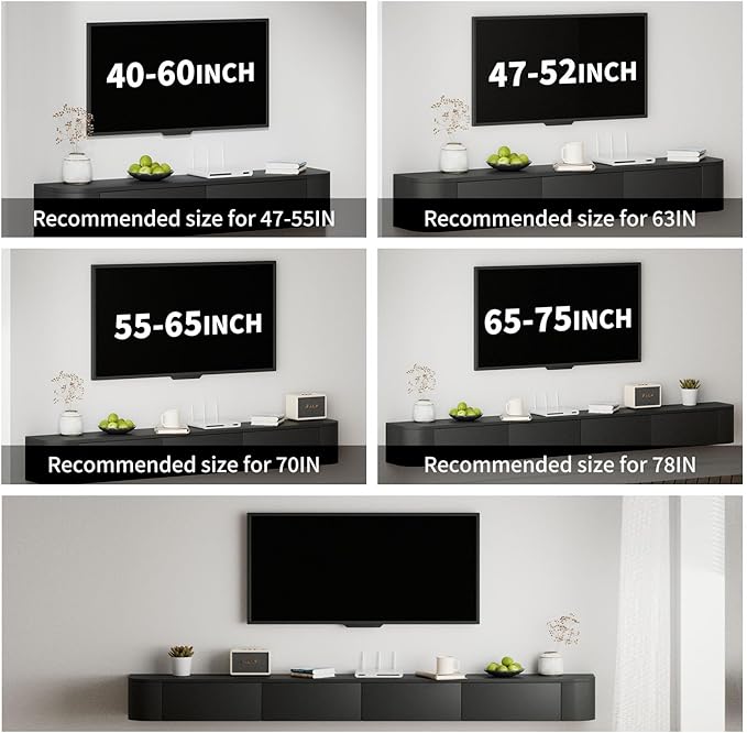 SHGJ&SOFT Floating TV Stand Wall Mounted Media Console with Door Entertainment Centerwith Storage Cabinets, Wall Mounted TV Shelf for Bedroom,Living Room (Black, 78.7IN)