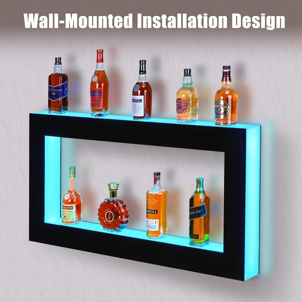48 Inch LED Lighted Liquor Bottle Display Shelf, 2-Tier Acrylic Wall-Mounted ...