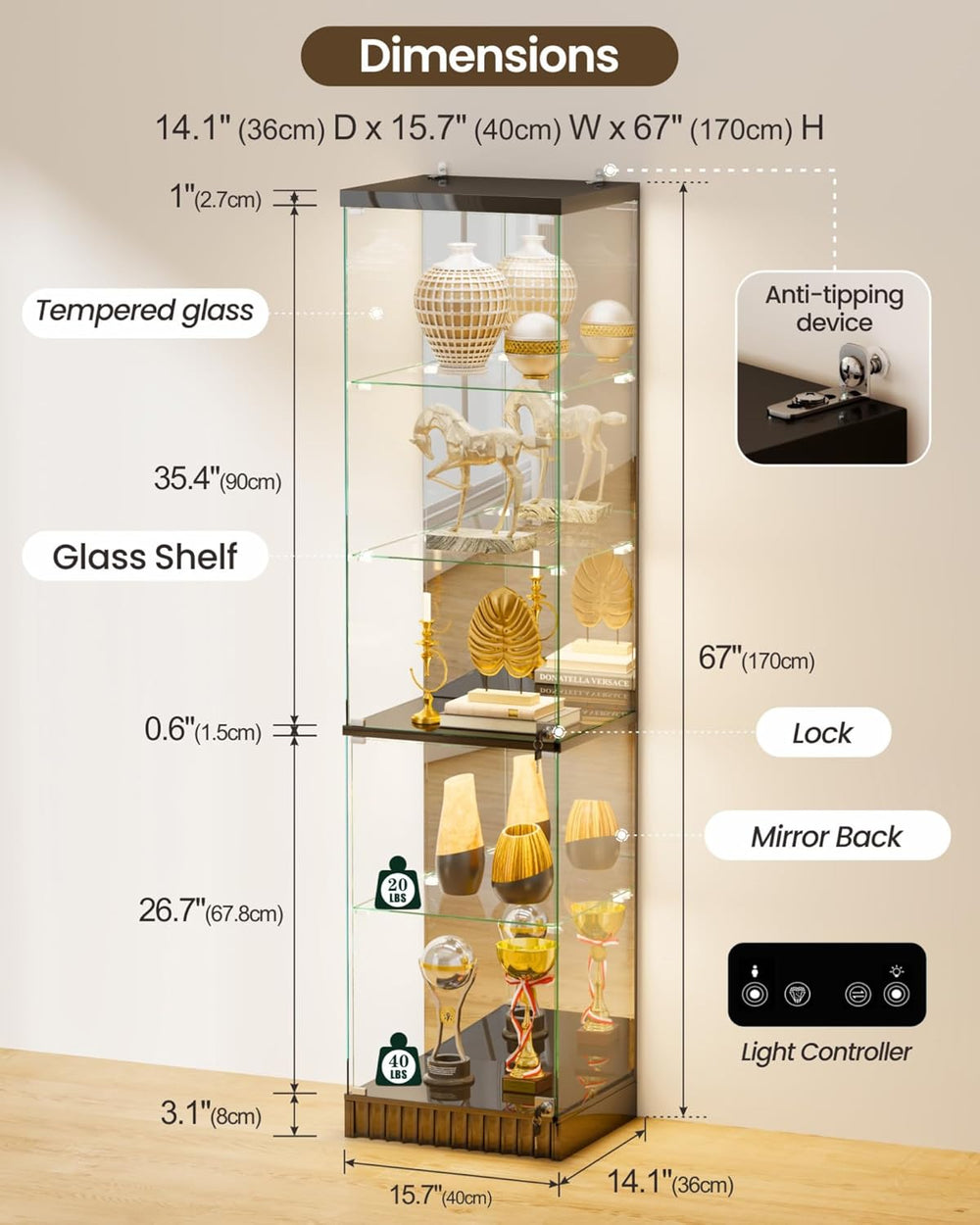 Lvifur 67''H Corner Curio Cabinet - with Glass Door, Lockable Glass D...