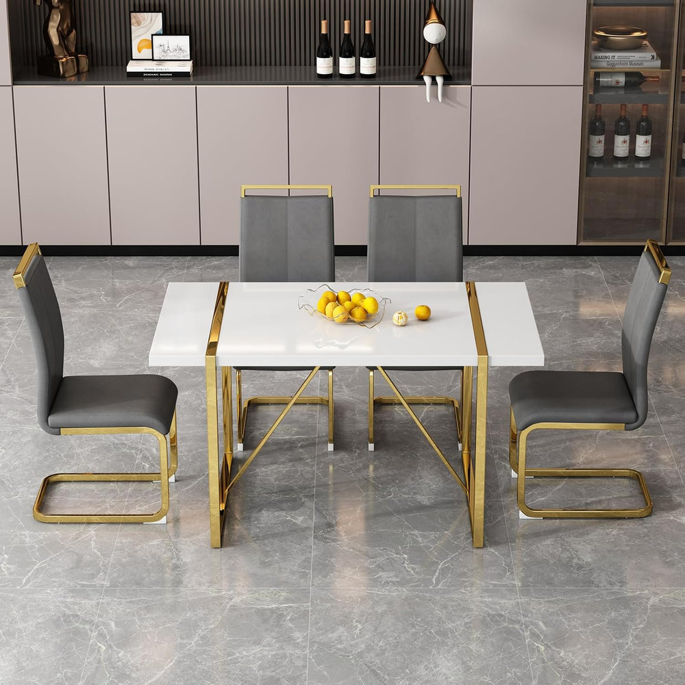 Ebullient White Rectangular Dining Table Set for 4, MDF Table with Light Grey...