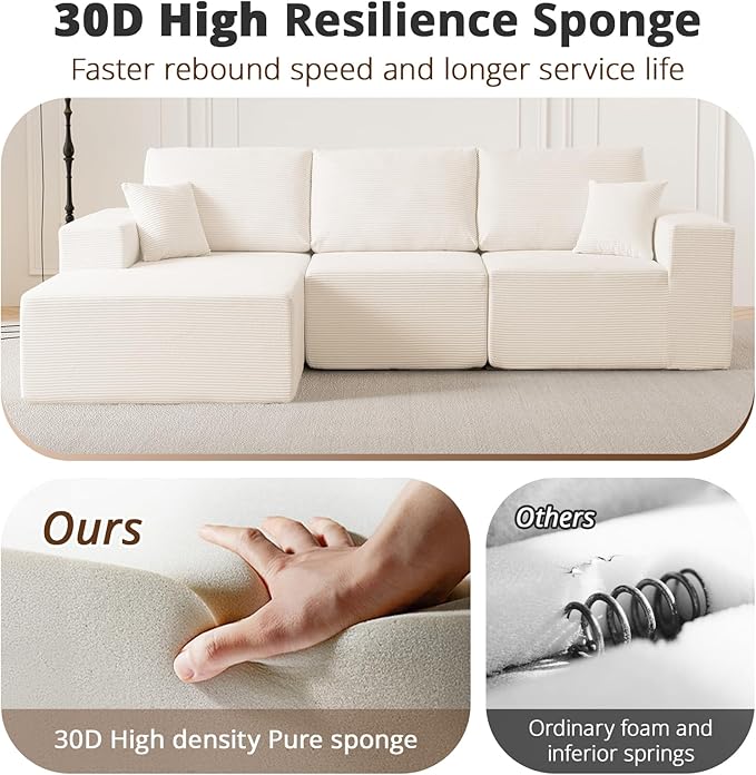 108" L-Shaped Boneless Couch, High Seat Modular Sectional Sofa with Moveable Ottoman, Corduroy Cloud Couches for Living Room, No Assembly, Ship in a Box, White