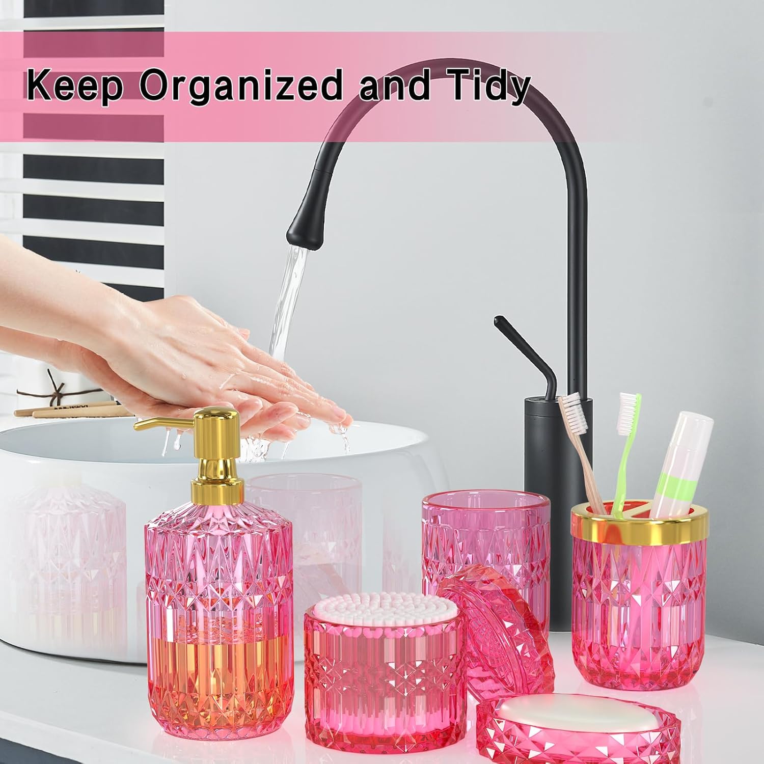 Hot-Pink Glass Bathroom Accessories Set 5 Pcs, Hot-Pink Bathroom Set, Soap Dispenser and Toothbrush Holder Set, Qtip Holder Set, Vintage Bathroom Sink Set, Cute Bathroom Decor