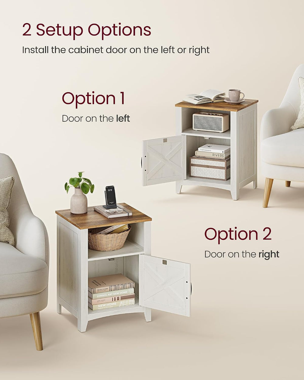 VASAGLE Nightstand Farmhouse Barn Door Bedside Table with Storage | Side End ...