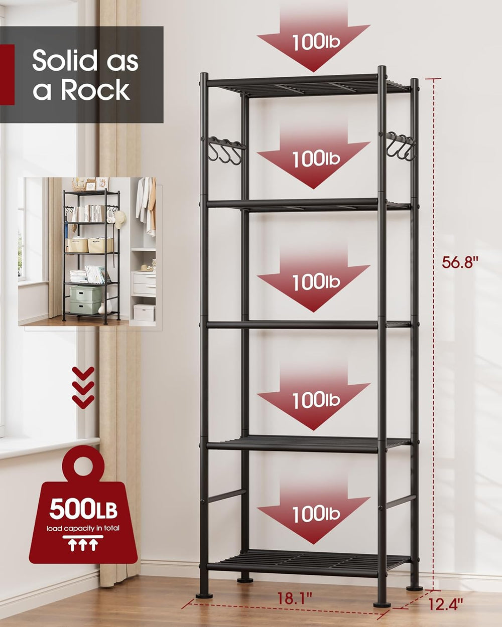 Sakugi Storage Shelves - 5-Tier Large Capacity Shelf Organizer with Hooks, He...