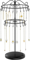 iDavosic.ly 2 Tier Rotating Necklace Holder Organizer with 42 Hooks, Adjustable Metal Bracelet Display Stand Rack, Extra Tall Keychain Spinning Tree Tower for Women, Black