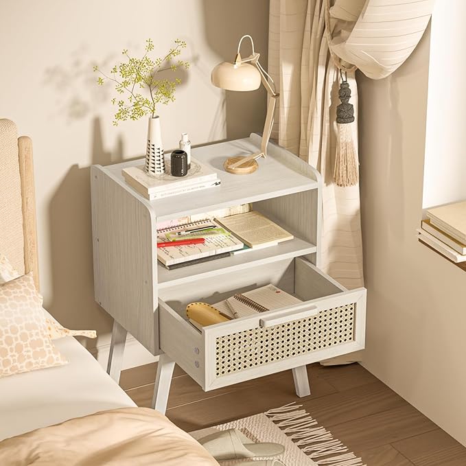 Lerliuo Rattan Nightstand, Side Table with Drawer Open Shelf, Cane Accent Bed...