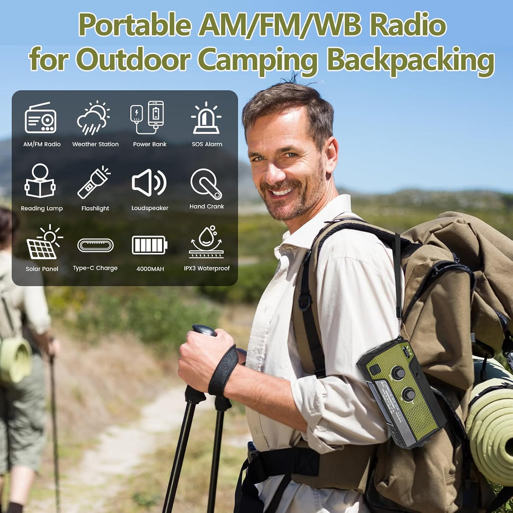4000mAh/14800mWh Emergency Radio, Solar Hand Crank Emergency Radio - NOAA Wea...