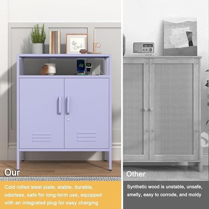 Multifunctional Lockable Storage Cabinet, 3-Tier Side Cabinet with Power Strip & USB Ports, Adjustable Shelf, for Living Room, Home, Office, Purple 33" H X 29.5" W X 13.8" D