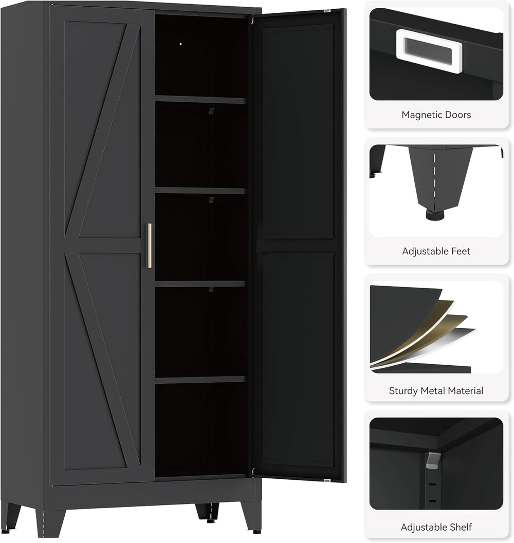 71" Tall Pantry Cabinet, Black Metal Pantry Storage Cabinet | Metal Farm...