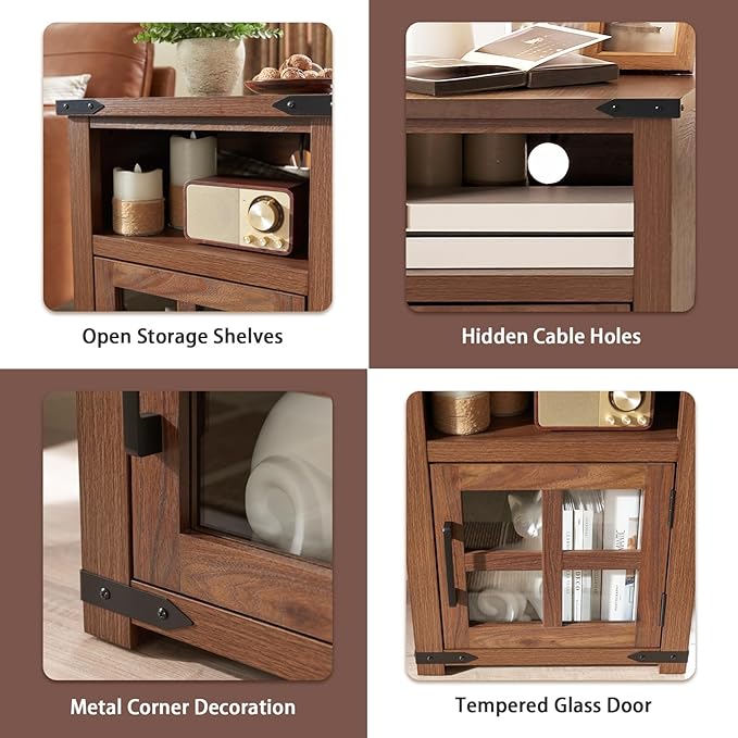 Farmhouse Nightstand with Charging Station, Rustic End Table with Tempered Gl...