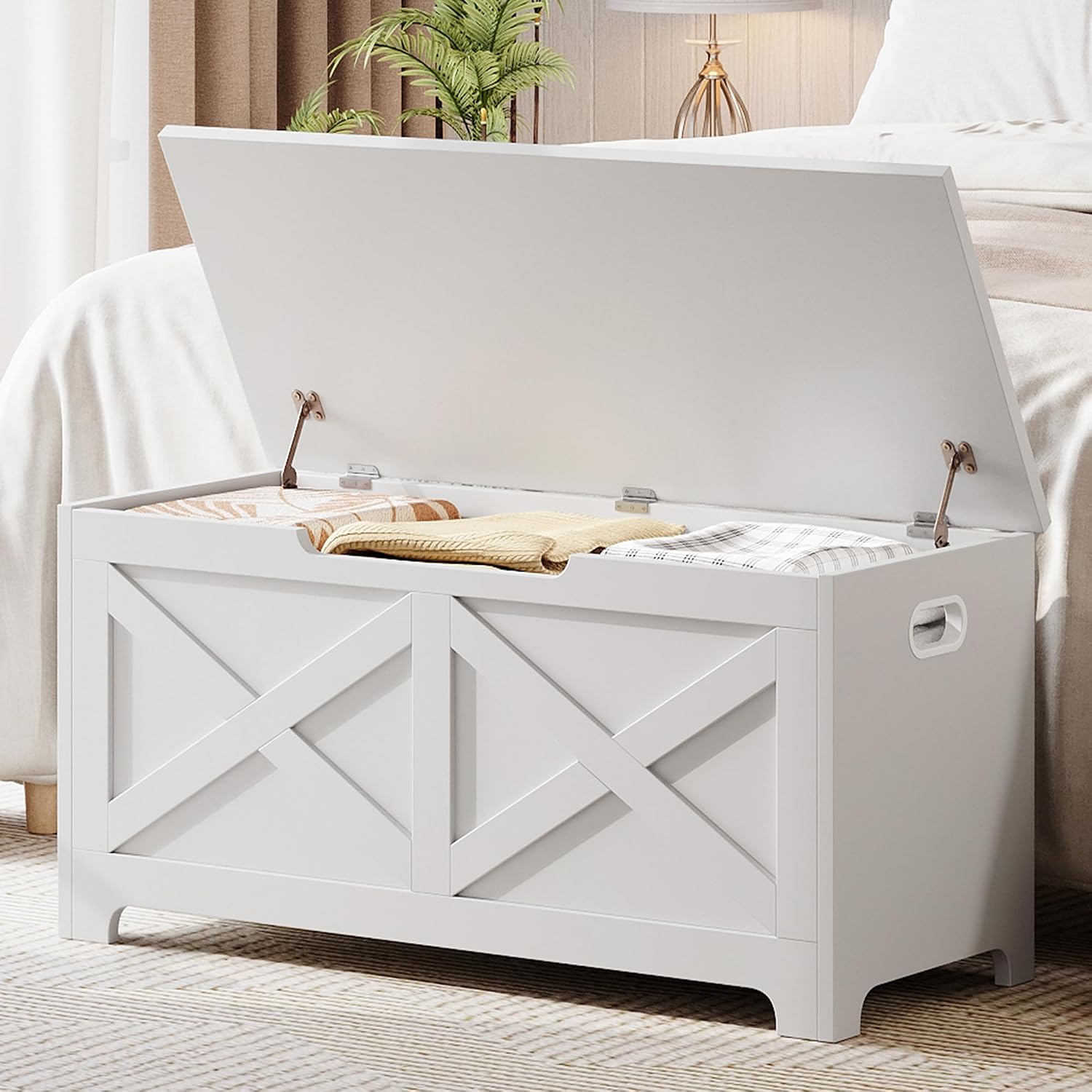 coucheta Storage Chest, Farmhouse Storage Trunk, Wooden Entryway Storage Bench with Safety Hinge and Lift-Top for Entryway, Living Room, White