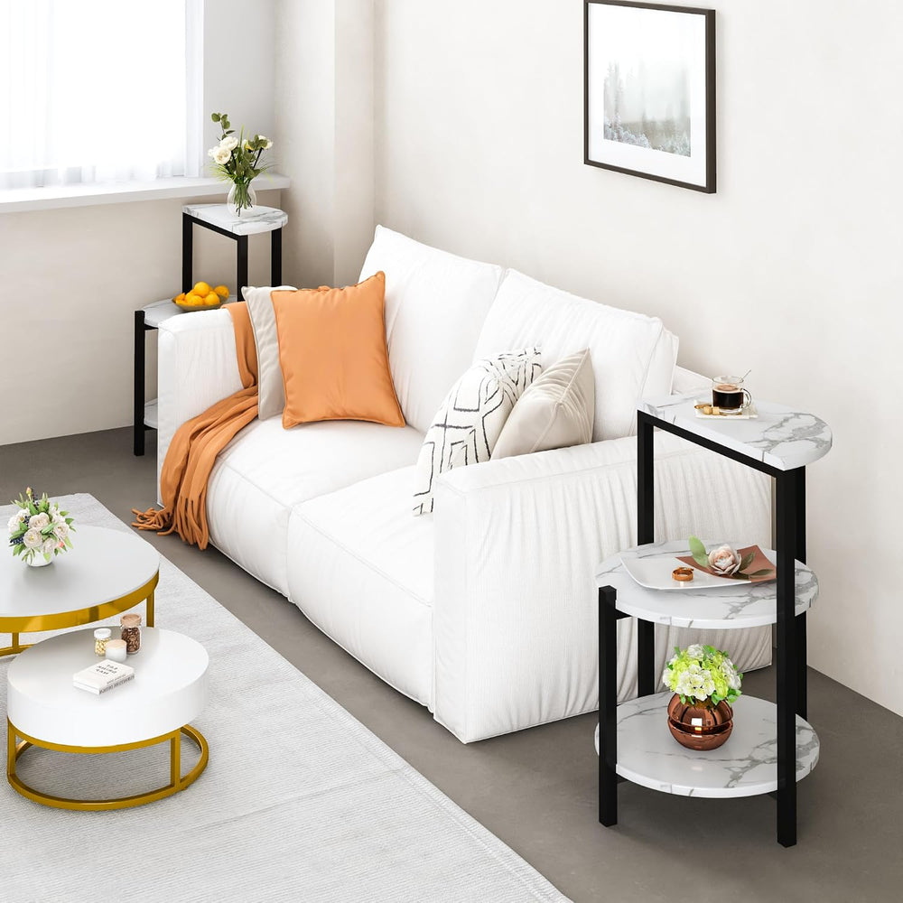 White and Black End Tables Set of 2, Round Marble Nightstand Set of 2 for Bed...