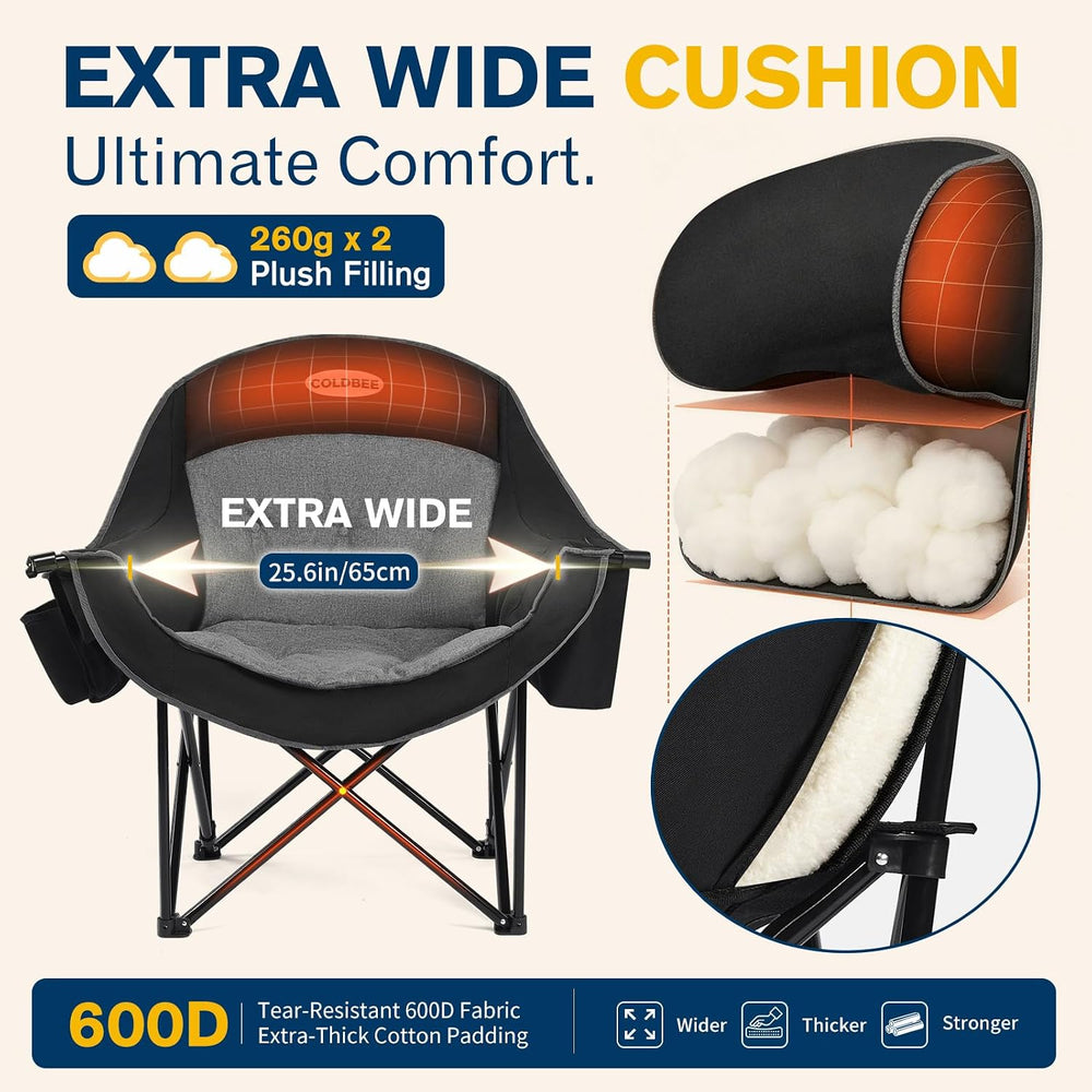 Coldbee Oversized Camping Chairs, Heavy Duty Padded, Thick Headrest, Black