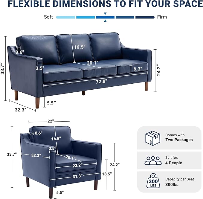Kingfun Living Room Furniture Sets, 3 Seater Couch and Loveseat, Mid Century Modern Sofa Set, Faux Leather Couch with Solid Wood Frame for Living Room & Bedroom, Blue