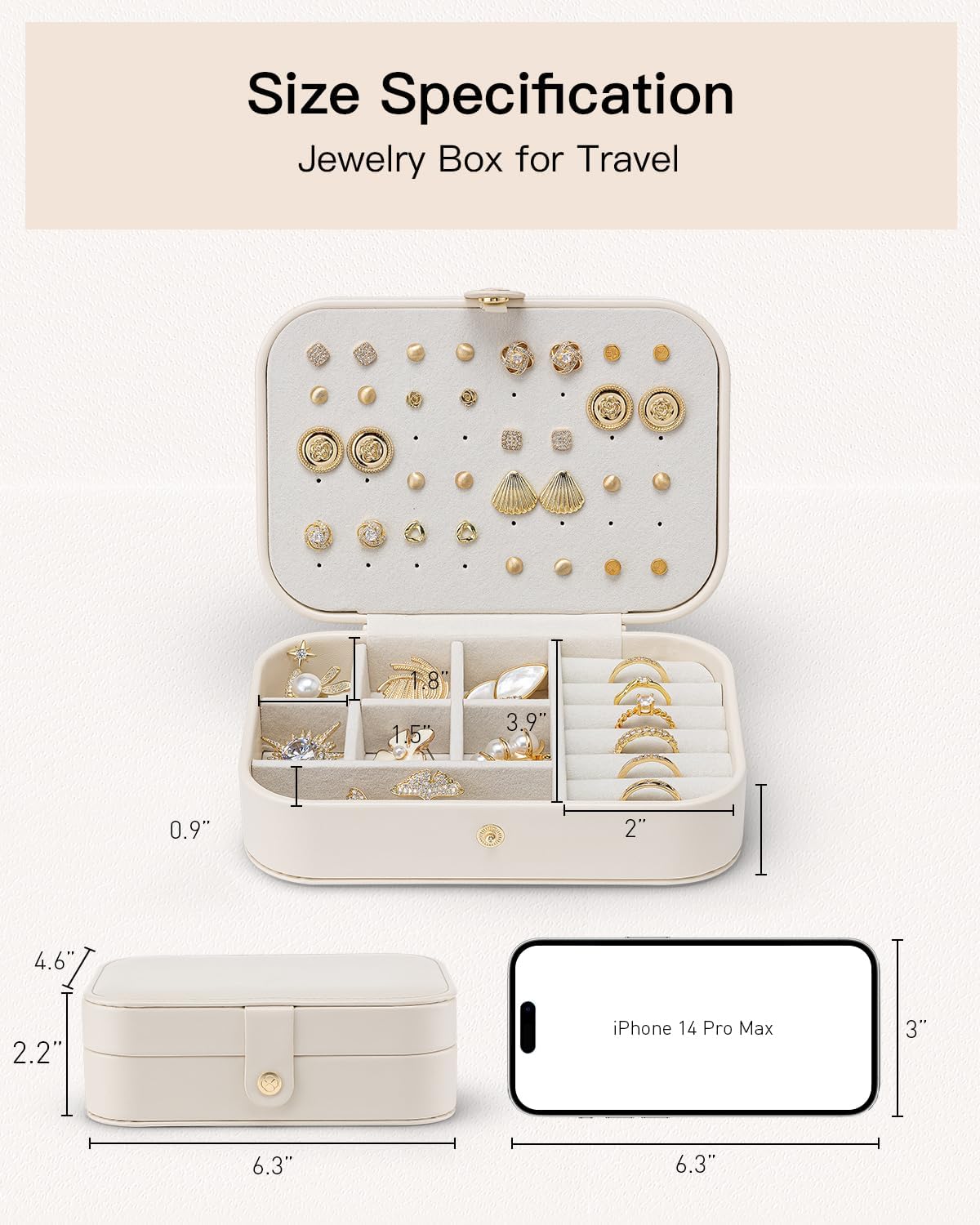 VLANDO Travel Jewelry Case for Women Girls, Gifts for Mother, PU Leather Small Jewelry Box for Rings, Necklaces, Bracelets, Earring Holder Organizer Storage for Travel Essentials - Beige