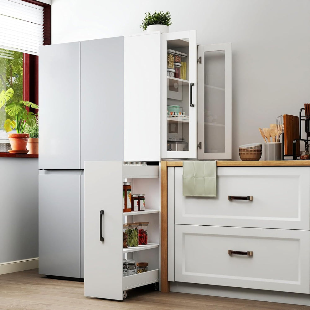 KEIKI 70.87" H Kitchen Pantry Storage Cabinet with Pull-Out Shelf, Glass...