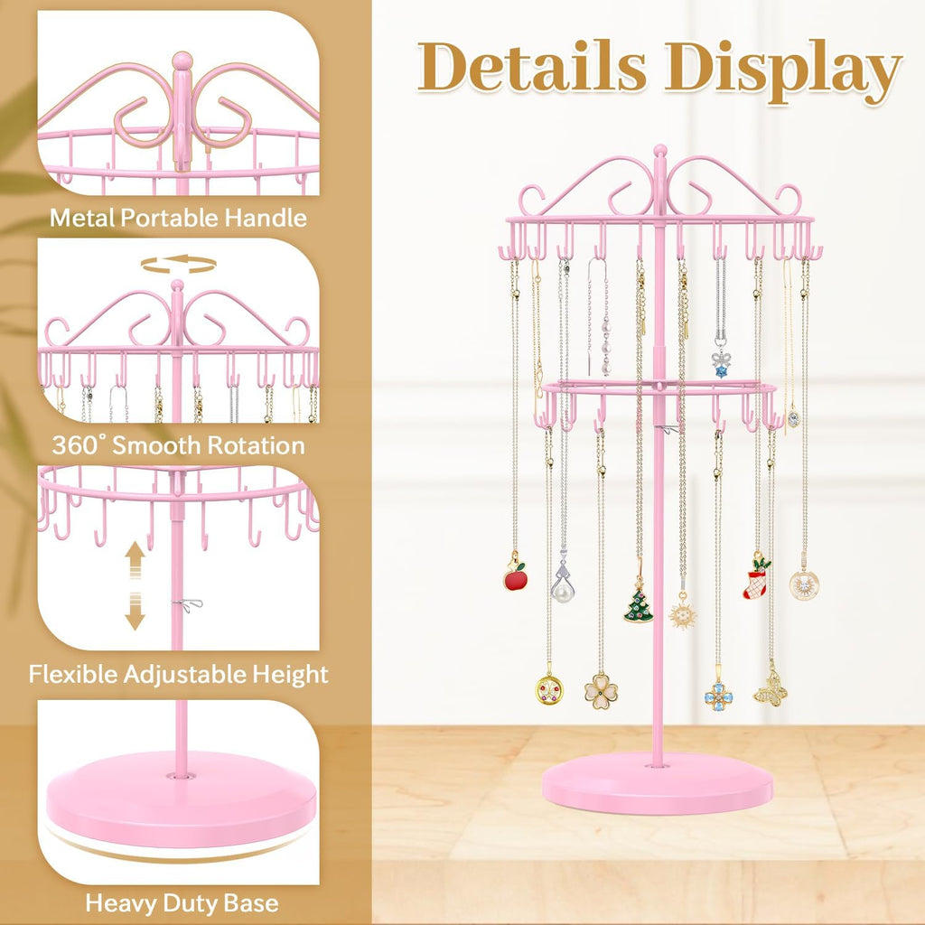 MODOWEY Rotating Necklace Holder Organizer Display Stand with 42 Hooks, 2 Tier Adjustable Metal Tree for Long Necklace Hanger Selling, Tall Spinning Bracelet Storage Rack for Men Women, Pink