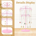 MODOWEY Rotating Necklace Holder Organizer Display Stand with 42 Hooks, 2 Tier Adjustable Metal Tree for Long Necklace Hanger Selling, Tall Spinning Bracelet Storage Rack for Men Women, Pink