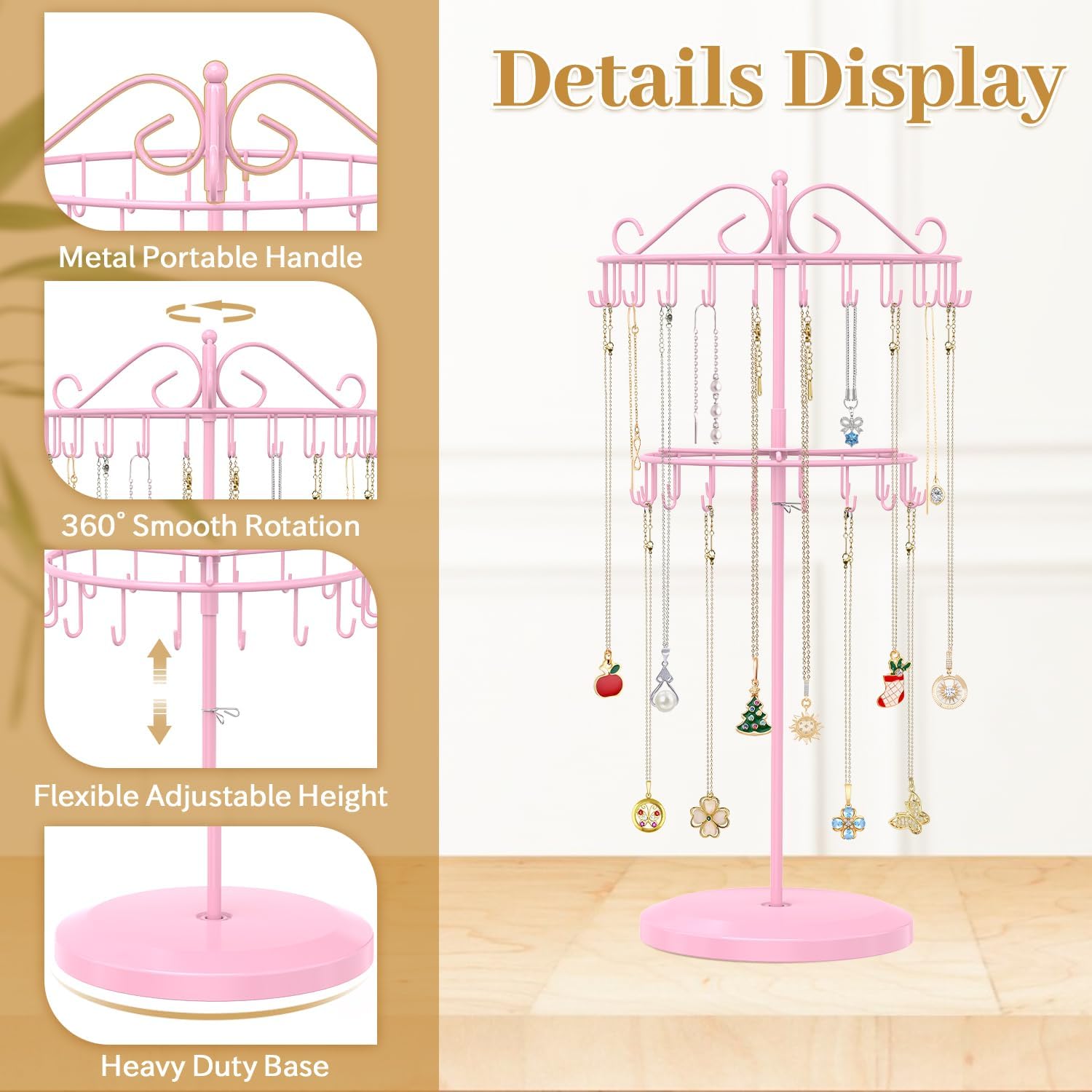 MODOWEY Rotating Necklace Holder Organizer Display Stand with 42 Hooks, 2 Tier Adjustable Metal Tree for Long Necklace Hanger Selling, Tall Spinning Bracelet Storage Rack for Men Women, Pink