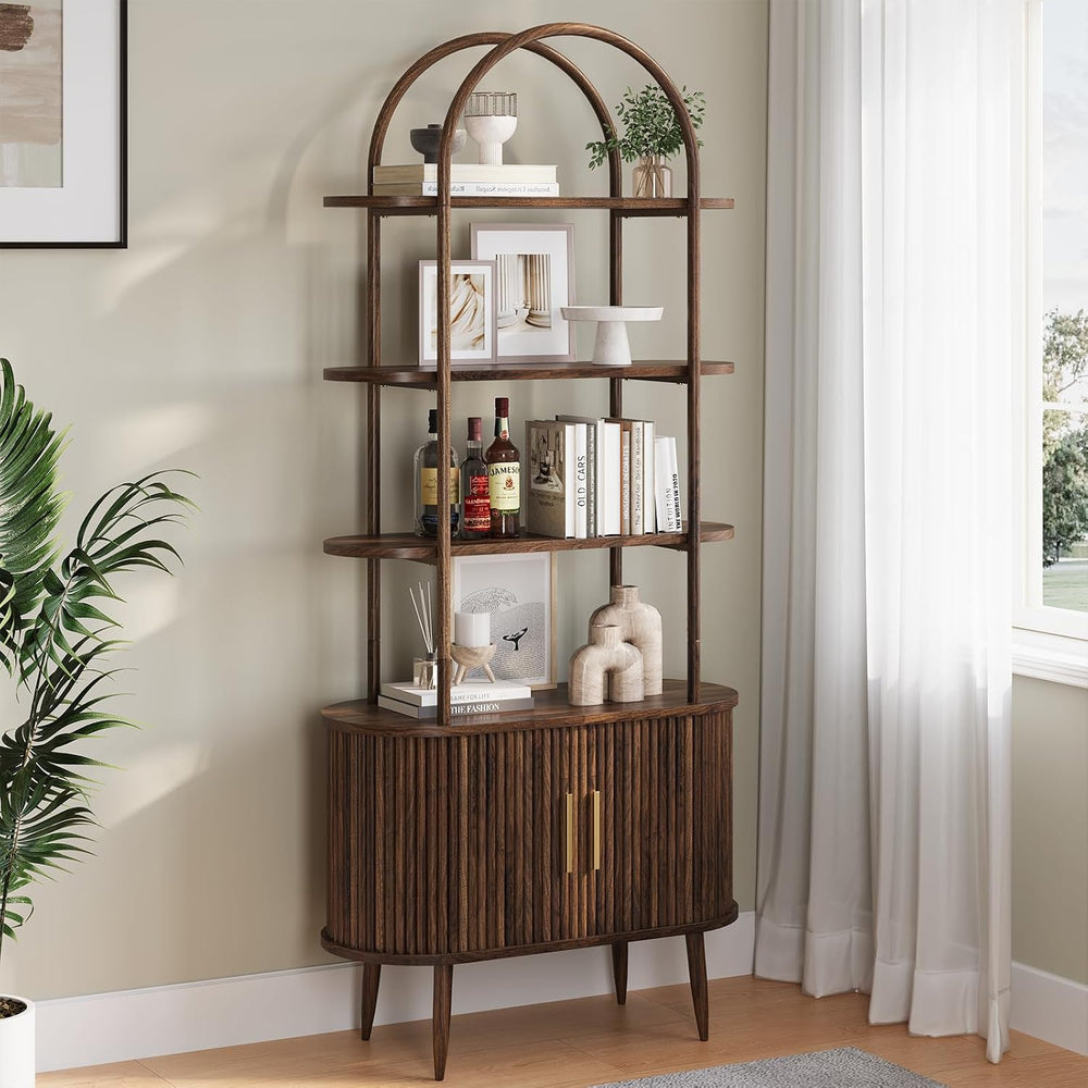 Airynee 71" Tall Arched Bookshelf with Sliding Doors, Mid Century Modern...