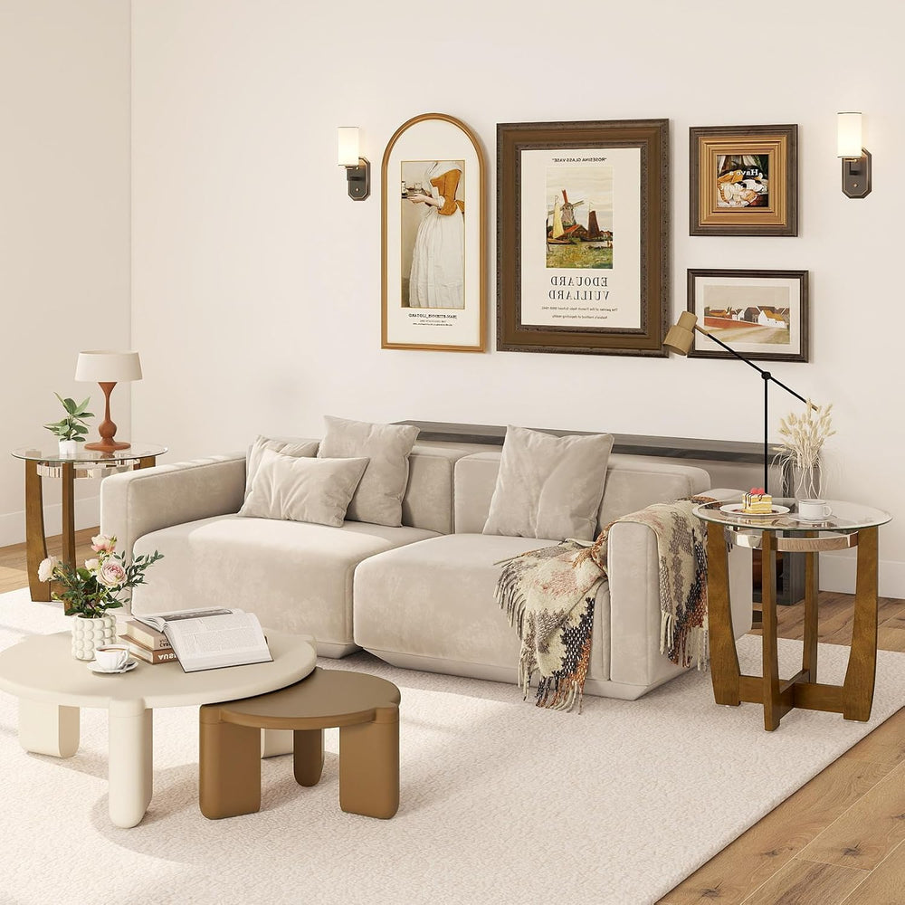 GOFLAME Glass End Table, 24” Round Sofa Side Table with Solid Rubber Wood Fra...