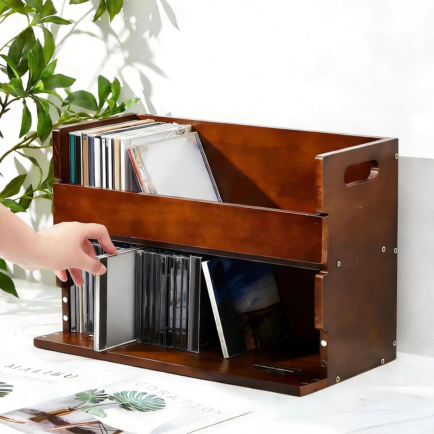 CroBlissful 2-Tier Wooden CD Storage Holder, Classic Brown CD Display Shelf Rack with Carrying Handles, CDs Organizer for DVDs, Movie Cases and Cassette Tapes, Holds up to 72 CDs