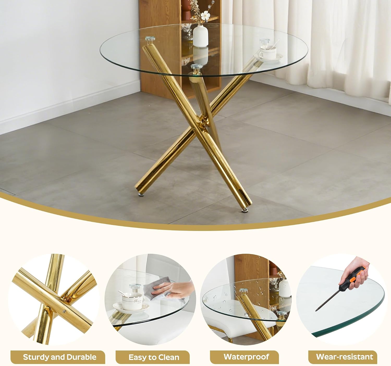 39'' Round Glass Dining Table Set for 4, 5-Piece Modern Dining Room Table Set, Circle Kitchen Table Set with 4 Beige Velvet Dining Chairs for Dining Room Cafe & Breakfast Nook, Gold Base