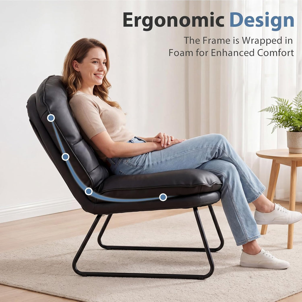 DUMOS Comfy Saucer Chair,PU Leather Foldable Chairs for Bedroom, Living Room, Dorm & Gaming, Small Foldable Fashion Floor Chair with Back Support for Small Spaces Adults,Inky