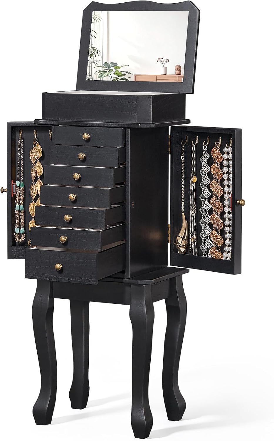 Standing Jewelry Armoire with Top Flip Mirror, 7 Drawers & 2 Side Doors, Large Freestanding Jewelry Organizer Box for Rings Earrings Necklaces Bracelets Watches Glasses (Black)