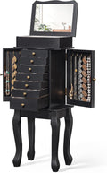 Standing Jewelry Armoire with Top Flip Mirror, 7 Drawers & 2 Side Doors, Large Freestanding Jewelry Organizer Box for Rings Earrings Necklaces Bracelets Watches Glasses (Black)