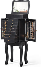 Standing Jewelry Armoire with Top Flip Mirror, 7 Drawers & 2 Side Doors, Large Freestanding Jewelry Organizer Box for Rings Earrings Necklaces Bracelets Watches Glasses (Black)