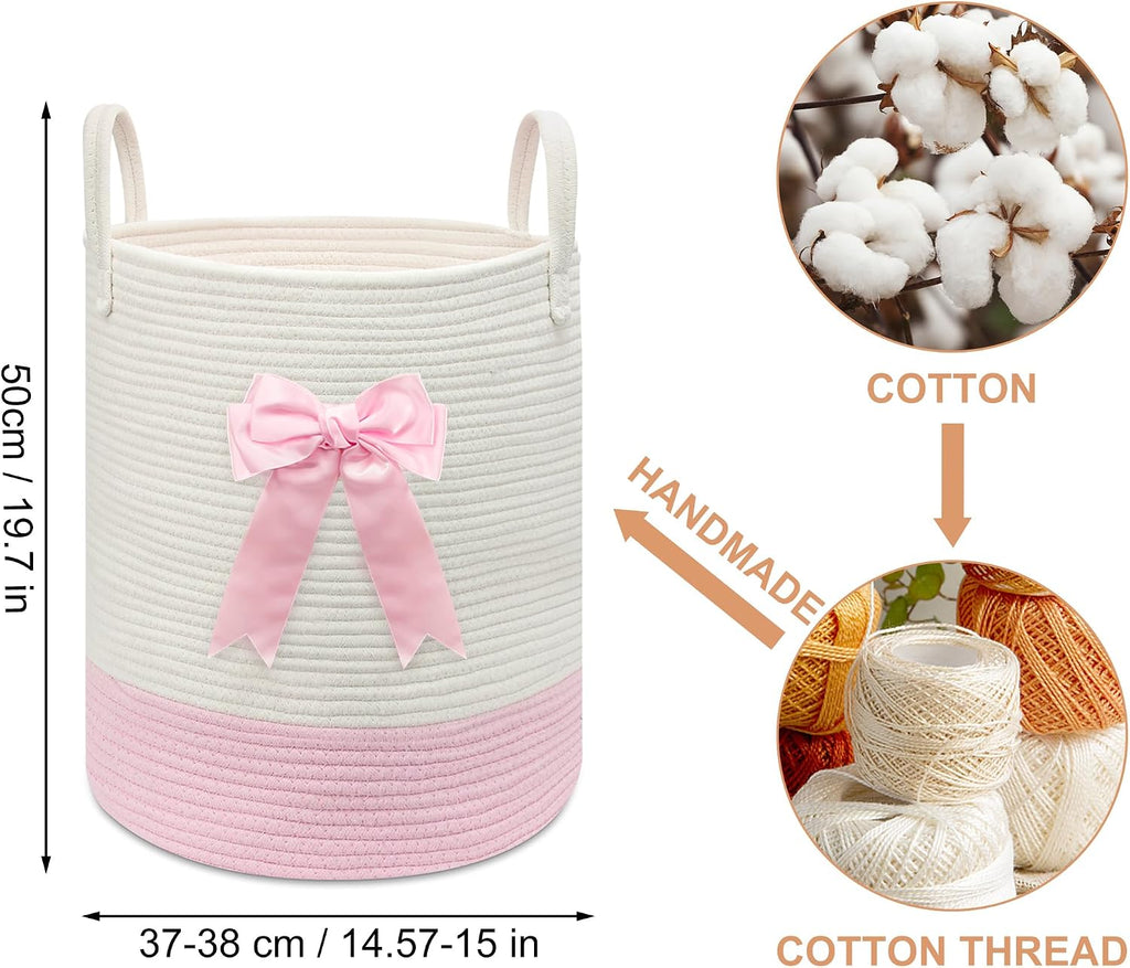 Pink Laundry Hamper with Bow, Tall Storage Basket for Nursery | Woven Cotton Rope Blanket and Toy Basket, 15x17.7in, Living Room Nursery & Bedroom, Clothes Storage Pink Bow