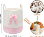 Pink Laundry Hamper with Bow, Tall Storage Basket for Nursery | Woven Cotton Rope Blanket and Toy Basket, 15x17.7in, Living Room Nursery & Bedroom, Clothes Storage Pink Bow